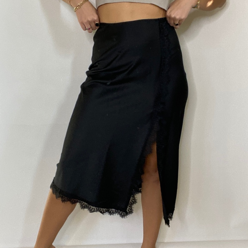 Black satin midi skirt lace skirt nasty gal bias cut